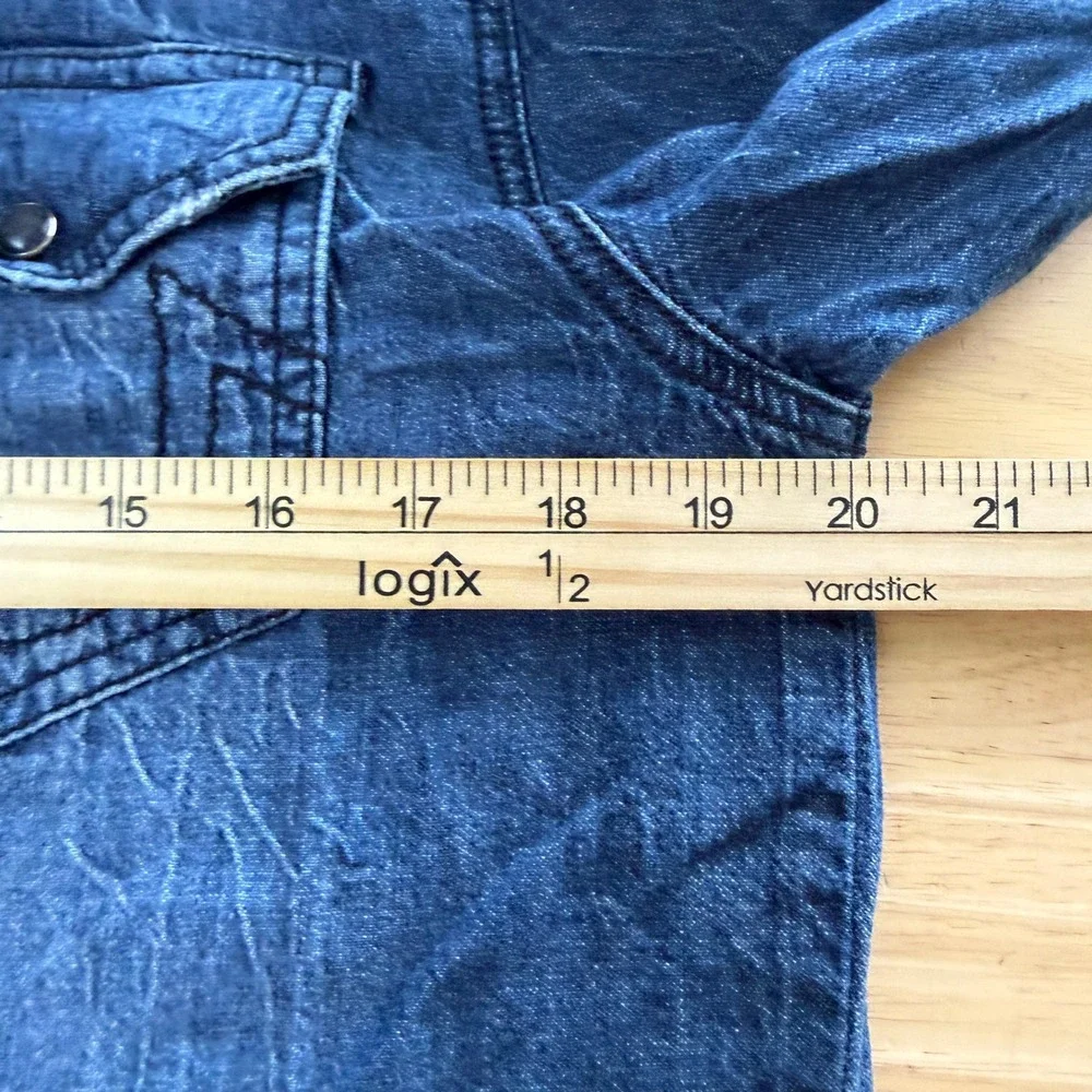True Religion Western Denim Jean Pearl Snap Shirt Mens M Cotton Blue Great Fade